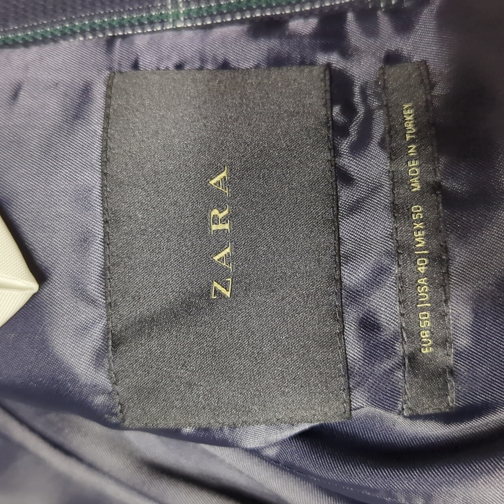 Zara Navy & Green Windowpane Double Vented Blazer Mens Size 40 - Picture 4 of 8